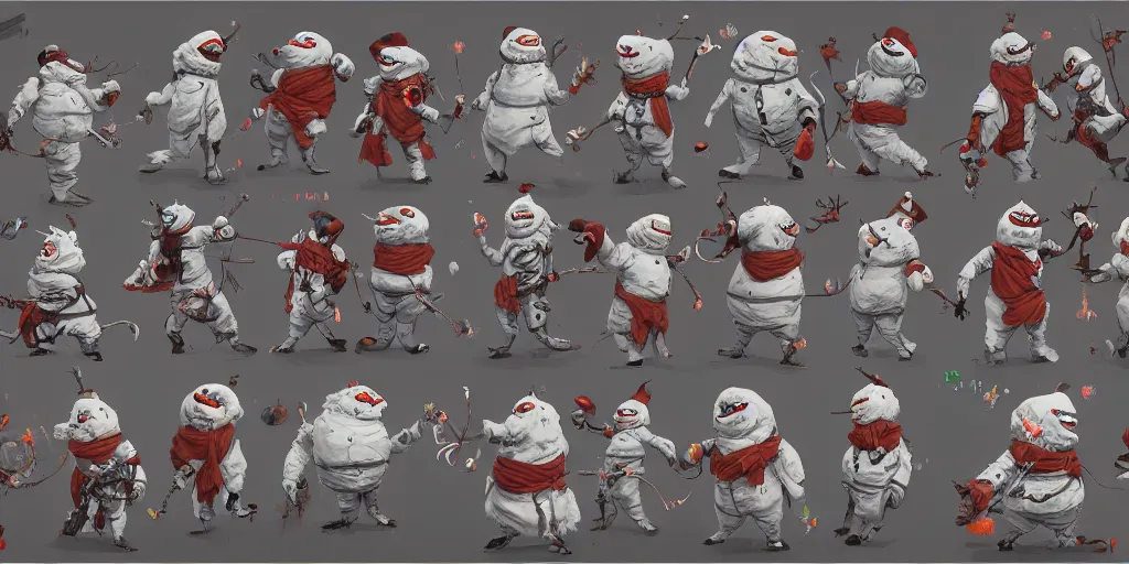 Image similar to evil snowman, colorful, character sheet, concept design, contrast, kim jung gi, greg rutkowski, zabrocki, karlkka, jayison devadas, trending on artstation, 8 k, ultra wide angle, pincushion lens effect