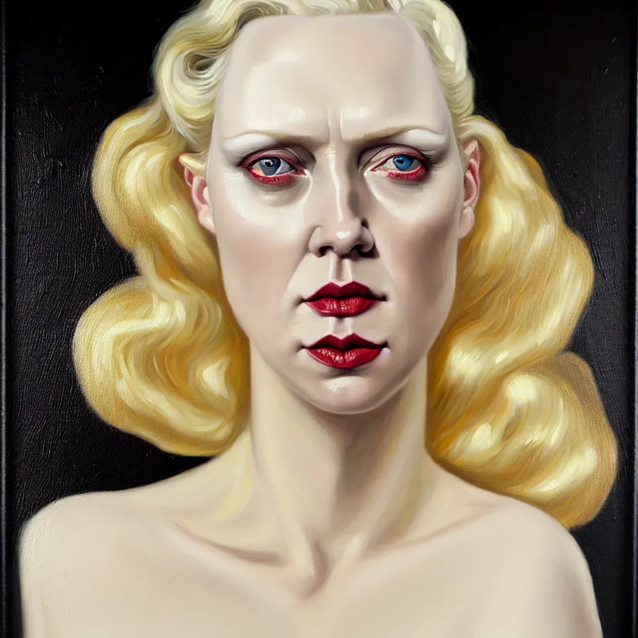 Image similar to exquisite oil painting on canvas of gwendoline christie portraying lucifer, woman's portrait, gorgeous face, goldilocks, porcelain looking skin, intense gaze golden eyes, unique and intricate painting, stunning ivory dress, elegant, majestic, 4 k, ultra high quality, canon, hyperrealist, by annie leibovitz