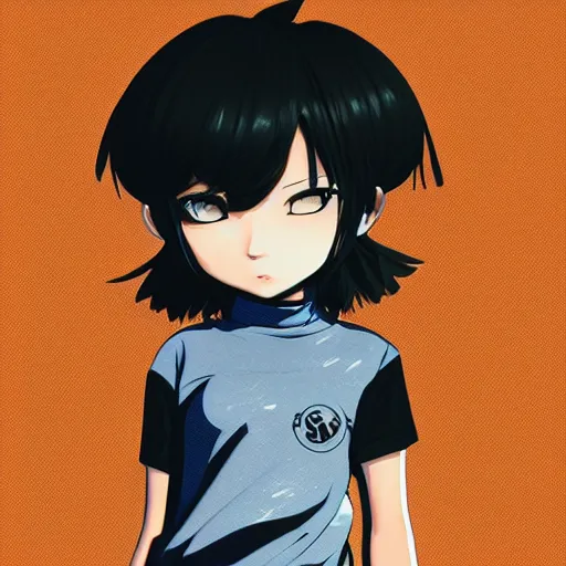 Prompt: shirt art, logo graphic design, frame around pciture, manga style, realistic lighting, futuristic solid colors, made by ilya kuvshinov, sold on sukebannyc, from arknights, girl, elegant, shoulder eyes, jpop clothing, sneaker shoes, simple background