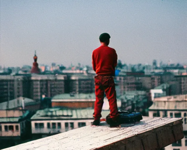 Image similar to lomo photo of man standing on the roof of soviet hrushevka in small town zelenograd, cinestill, bokeh, out of focus