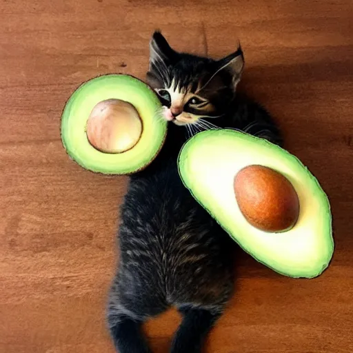 Image similar to kitten sleeps with avocado
