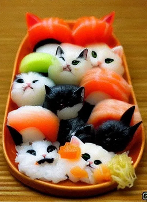 Image similar to clear photorealistic picture of adorable cats made out of sushi