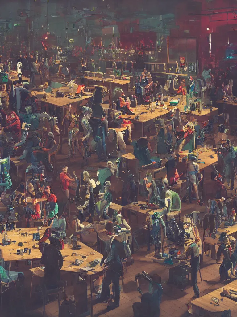 Image similar to a large table with punks, criminals and robots in a painting from stalenhag, 4 k, 8 k, hdr, artstation, concept art