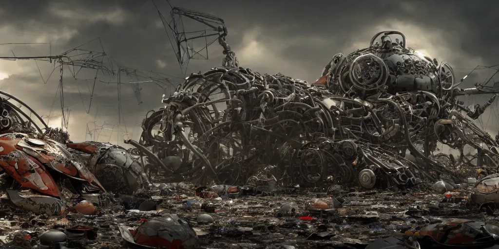 Prompt: shot of film by near future syle biomechanical concentration camp, with rubbish, scrap metal, trash, very detailed cinematic, hyper detailed, hyperrealism, digital art, octane render, beautiful composition, trending on artstation, award - winning photograph, masterpiece