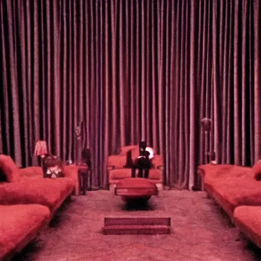 Image similar to the black lodge, Twin Peaks (1990), eerie surreal nightmare, david lynch, red curtains, ominous