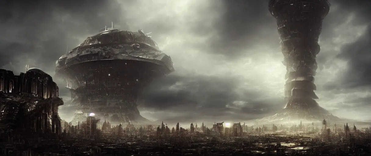 Prompt: detailed giant aliens ship over the tower of babel, beautiful dramatic moody lighting, subsurface scattering, cinematic atmosphere, octane render, Vray, Arnold