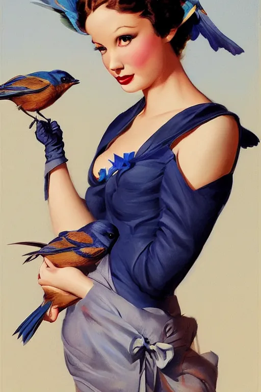 Image similar to pinup girl holding an indigo bunting, bird, the bird is wearing a bowtie by greg rutkowski, rossdraws, gil elvgren, enoch bolles, anime, porcelain skin, glistening, very coherent, hyper realistic painting