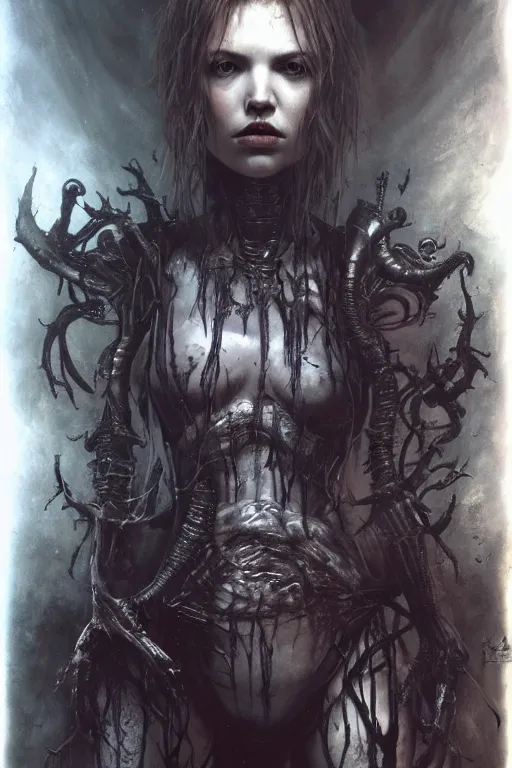 Image similar to portrait of hannah murray by hr giger, greg rutkowski, luis royo and wayne barlowe as a diablo, resident evil, dark souls, bloodborne monster