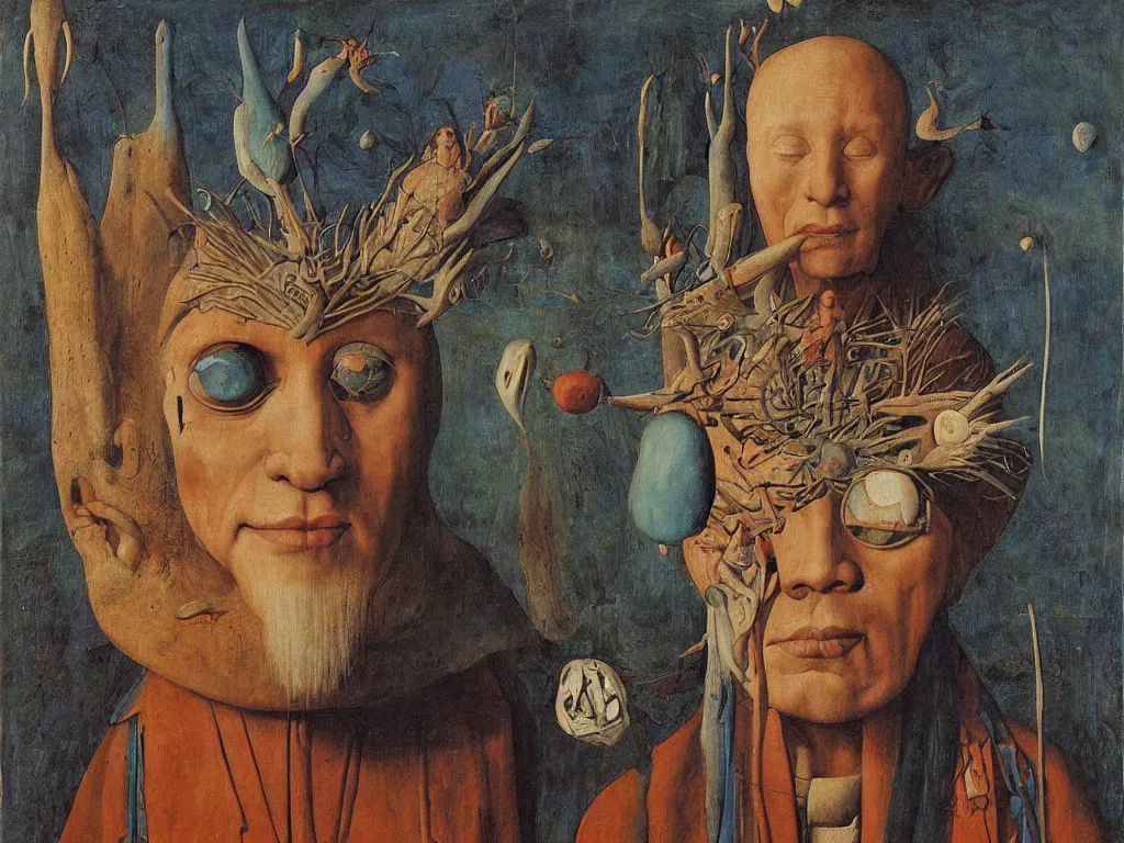 Image similar to Portrait of albino mystic with blue eyes, with wooden old shamanic totemic Oceanian archaic mask, sculpture. Painting by Bosch, Jan van Eyck, Audubon, Rene Magritte, Agnes Pelton, Max Ernst, Walton Ford