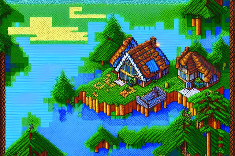 Image similar to view of a cottage above an azure lake, beautiful detailed pixelart by albertov and by pixel jeff in the style of ultima vii, intricate details, beautifully dithered gradients, volumetric lighting, cgsociety, artstation, 2 d