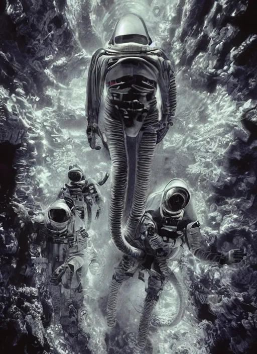 Image similar to astronauts in dark and empty void underwater - complex and hyperdetailed technical suit. reflection and dispersion materials. rays and dispersion of light. volumetric light. 5 0 mm, f / 3 2. noise film photo. flash photography. ultra realistic, wide angle. poster by wayne barlowe, hajime sorayama aaron horkey, craig mullins
