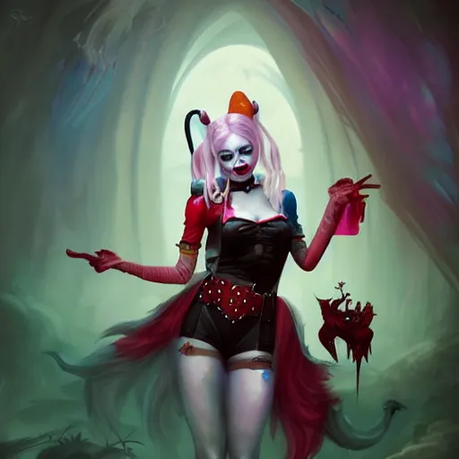 Prompt: harley quinn as an adorable vampire fairy, 8 k resolution matte fantasy painting, cinematic lighting, deviantart artstation, by lisa frank, by peter mohrbacher, by alena aenami