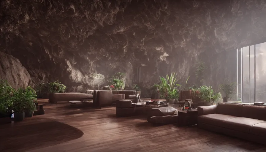 Prompt: a futuristic apartment interior in the style of a red granite cave, single black leather couch, plants, waterfall, high ceiling, dark moody lighting, foggy atmosphere, 16mm lens, by craig mullins, octane rendering