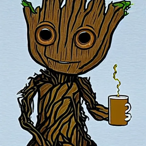 Image similar to groot drinking coffee