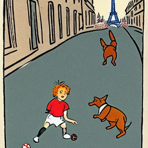 Image similar to book illustration of a french boy on the streets of paris playing football against a corgi, the dog is wearing a polka dot scarf, 1 9 6 6