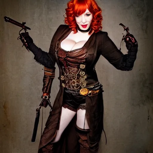 Image similar to full body photo of christina hendricks as a steampunk vampire warrior