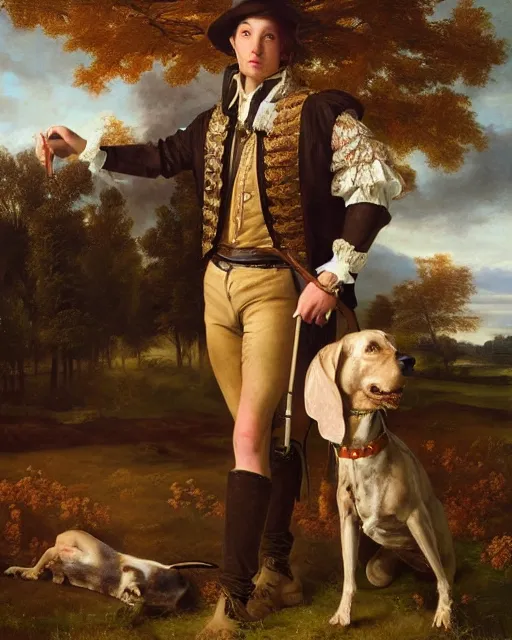 Prompt: intricate beautiful medium - shot, highly detailed, young man in hunting clothes of 1 7 th century with a greyhound dog, autumn field, cinematic lighting, highly detailed, digital art, renaissance painting, by leyendecker, by rutkowsky, by ernest huntley hart