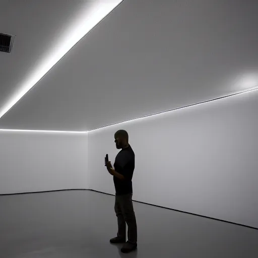 Prompt: a man taking a selfie in a large minimalistic concrete room upholstered sofas fluorescent ceiling lighting and a rectangular water feature in the center, a tilt shift photo by leandro erlich, featured on cg society, kitsch movement, hall of mirrors, high dynamic range, studio portrait