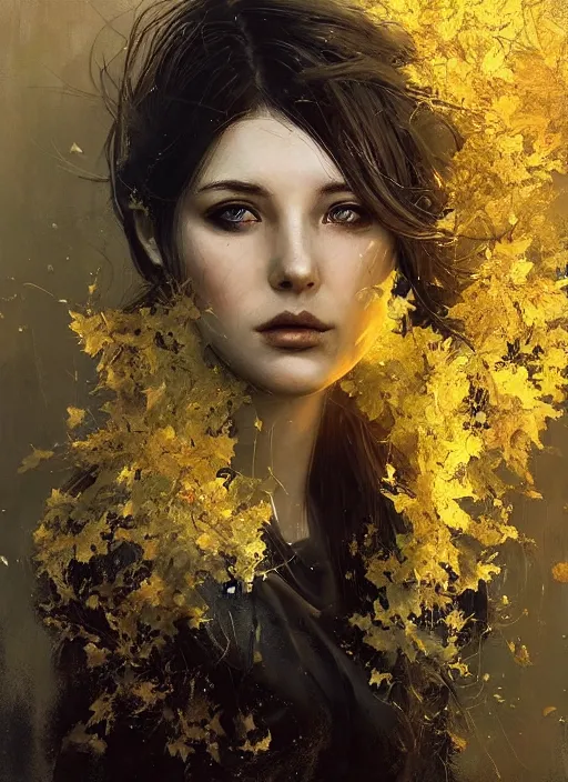 Prompt: golden leaves at frame border, creative!!! composition for a book cover, moon, beautiful portrait painting by jeremy mann, a female witch beautiful, ultrafine hyperrealistic detailed face by wlop and artgerm and greg rutkowski, intricate linework, sharp focus, smooth, octopath traveler, final fantasy, unreal engine, dramatic lighting, ethereal, 8 k