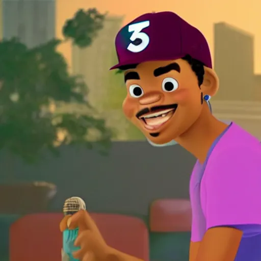 Prompt: a tv still of Chance The Rapper starring in a 2006 Pixar Animated movie