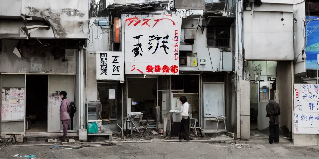 Prompt: an exterior of an abandoned internet cafe in japan, with the japanese sign and art of people playing computers