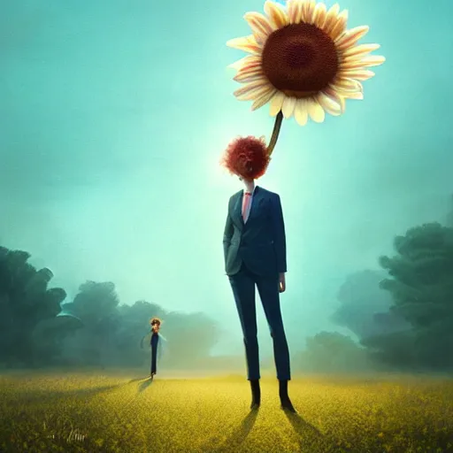 Image similar to giant daisy flower over head, frontal, girl in a suit, surreal photography, sunrise, dramatic light, impressionist painting, digital painting, artstation, simon stalenhag