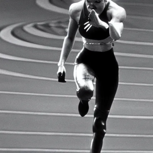 Image similar to Trinity the matrix, Female sprinter in athletic attire with cyborg legs, metal body, diesel punk, athletic footage, 1980's, olympics, cinematic, art deco