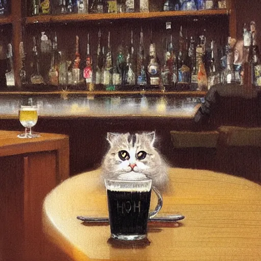 Image similar to of a british longhair cat sitting at the bar next to a beer, by greg rutkowski