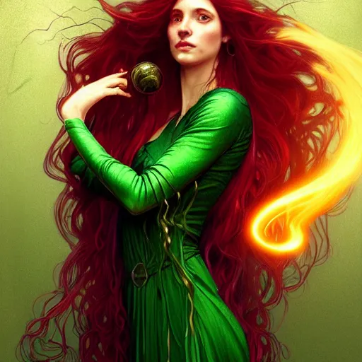 Image similar to Portrait of female sorceress with long red wavy hair and a green dress and a goblet with a glowing potion in it, epic dark fantasy, medium shot, intricate, elegant, highly detailed, digital painting, artstation, concept art, smooth, sharp focus, illustration, art by artgerm and greg rutkowski and alphonse mucha