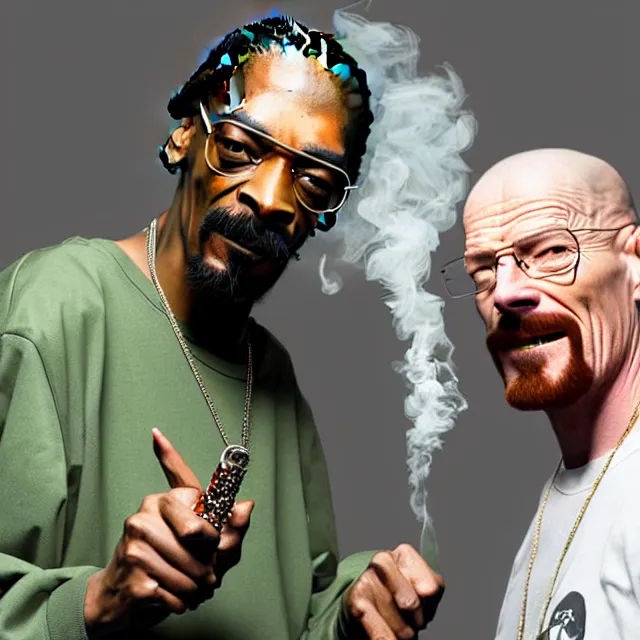 Image similar to snoop dogg and walter white smoking weed and laughing in the studio, walter white, snoop dogg, smoking weed, studio, photorealistic