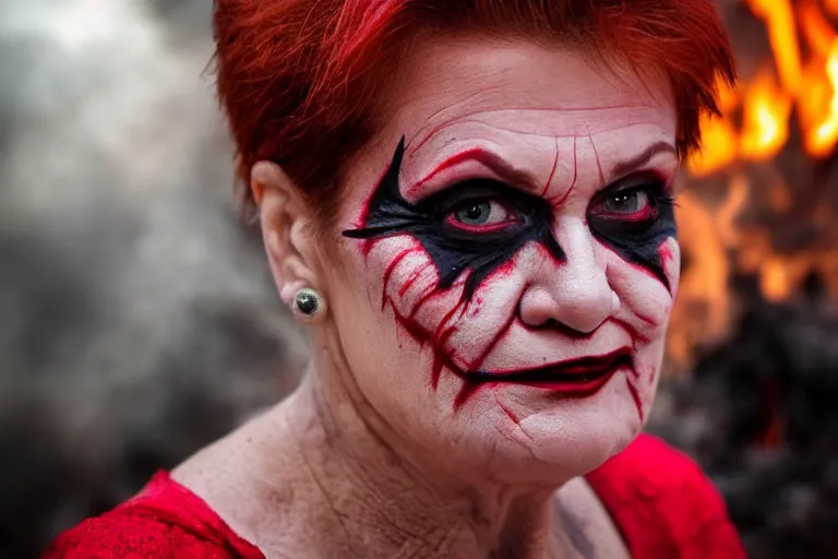 Image similar to Pauline Hanson with smudged red and white makeup like The Joker, standing in hell surrounded by fire and flames and bones and brimstone, portrait photography, depth of field, bokeh