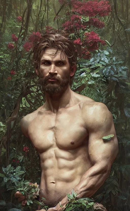 Image similar to god of the forest, 3 0 years old, rugged, handsome, male, detailed face, clean lines, atmospheric lighting, amazing, full body, thighs, flowers, muscular, intricate, highly detailed, digital painting, deviantart, concept art, sharp focus, illustration, art by greg rutkowski and alphonse mucha