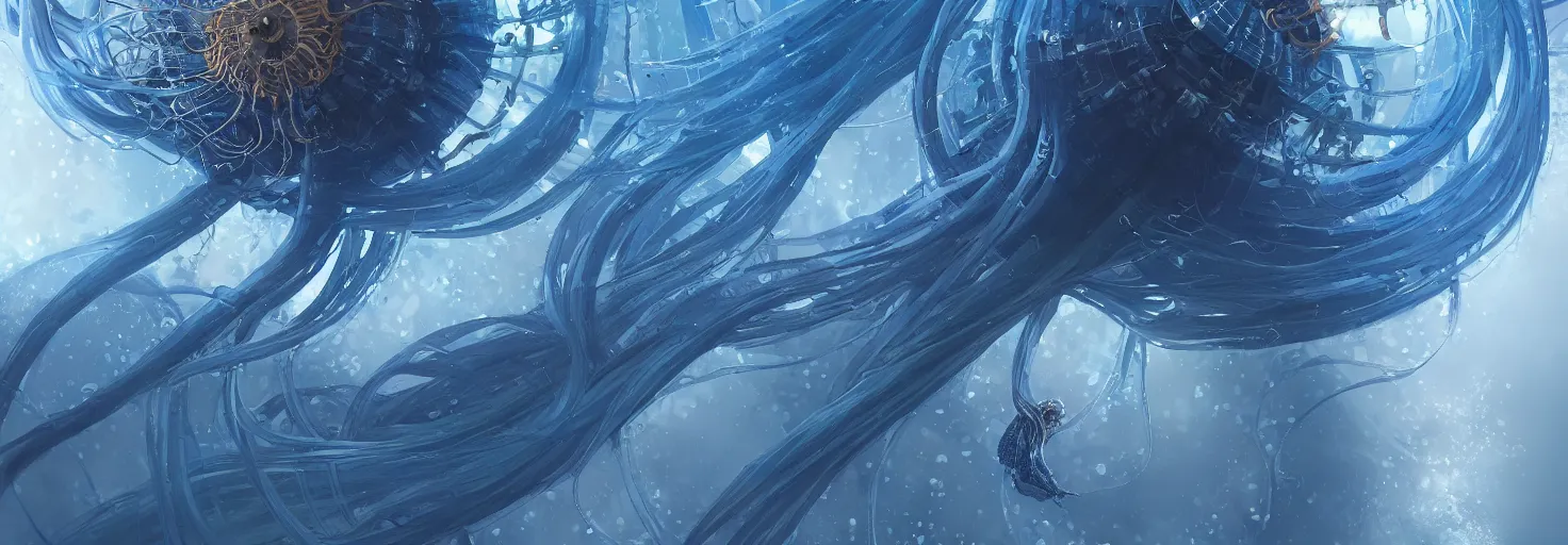 Image similar to Panorama hyper detailed painting of a cyberpunk jellyfish, blue tones, underwater, 8 mm, highly detailed, digital painting, artstation, concept art, smooth, sharp focus, illustration, art by artgerm and greg rutkowski and alphonse mucha