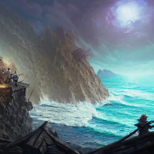 Prompt: D&D adventuring party facing away on cliff overlooking shipwreck, naval background, portrait, magic the gathering artwork, D&D, fantasy, cinematic lighting, centered, symmetrical, highly detailed, digital painting, artstation, concept art, smooth, sharp focus, illustration, volumetric lighting, epic Composition, 8k, art by Akihiko Yoshida and Greg Rutkowski and Craig Mullins, oil painting, cgsociety