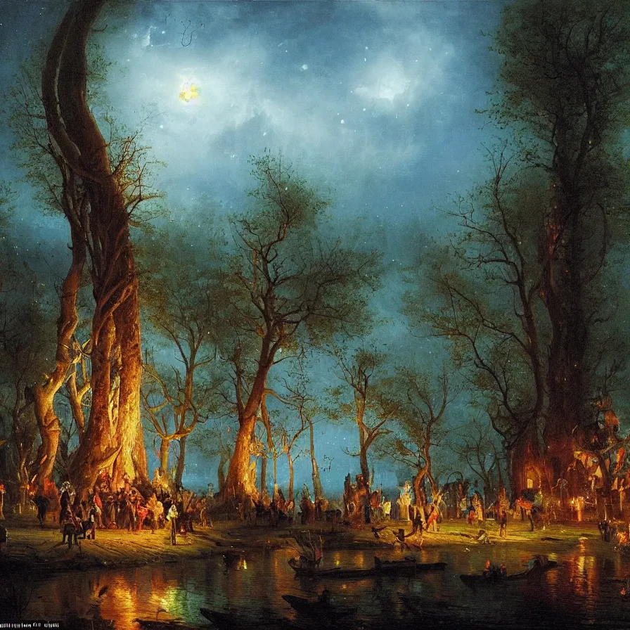 Prompt: a night carnival around a magical tree cavity, with a surreal orange moonlight and fireworks in the background, next to a lake with iridiscent water, christmas lights, volumetric lightning, folklore creatures and fantastic animals and people disguised as fantastic creatures in a magical forest by summer night, masterpieceunderwater scene, masterpiece painted by andreas achenbach, scene by night