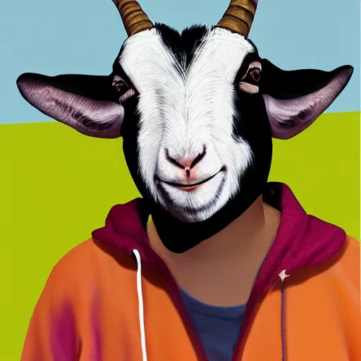 Image similar to andy milonakis as a goat, goat body, human head, anthropomorphic, 4 k, photorealistc, high details