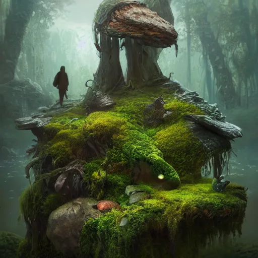 Prompt: soft painting render curiosities alien desolated world pond vegetation rocks, beautiful fairy creature covered moss scintillating, accurate features, focus, very intricate ultrafine details, random volumetric lighting, dense fog, award winning masterpiece, octane render 8 k hd, artstation, tom bagshaw