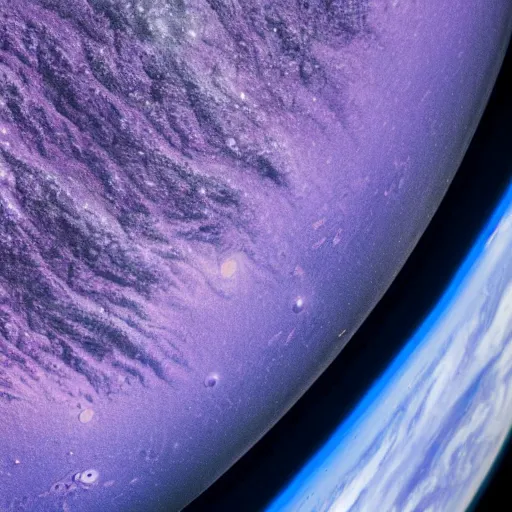 Image similar to close - up of a purple planet from the space, seas mountains and clouds on its surface