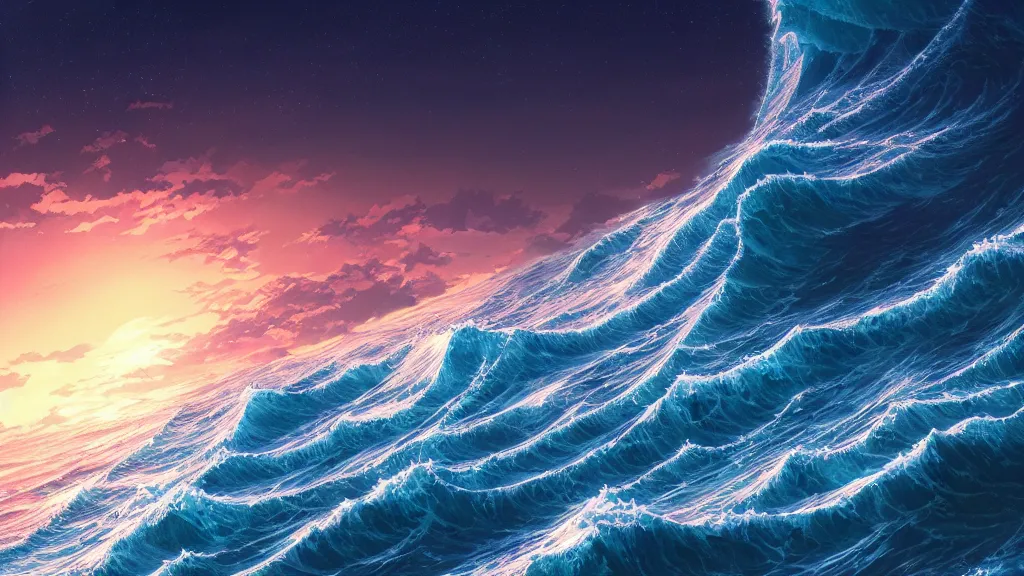 Prompt: highly detailed illustration of high exposure ocean waves at night by makoto shinkai, by oliver vernon, by joseph moncada, by damon soule, by manabu ikeda, by kyle hotz, by dan mumford, by otomo, 4 k resolution