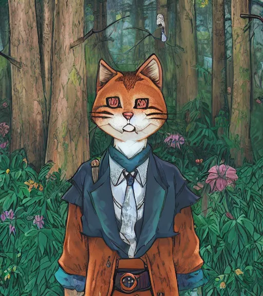 Image similar to character portrait of the anthro anthropomorphic cat head animal person fursona wearing clothes standing in the bright forest, hidari, color page, tankoban, 4 k, tone mapping, akihiko yoshida