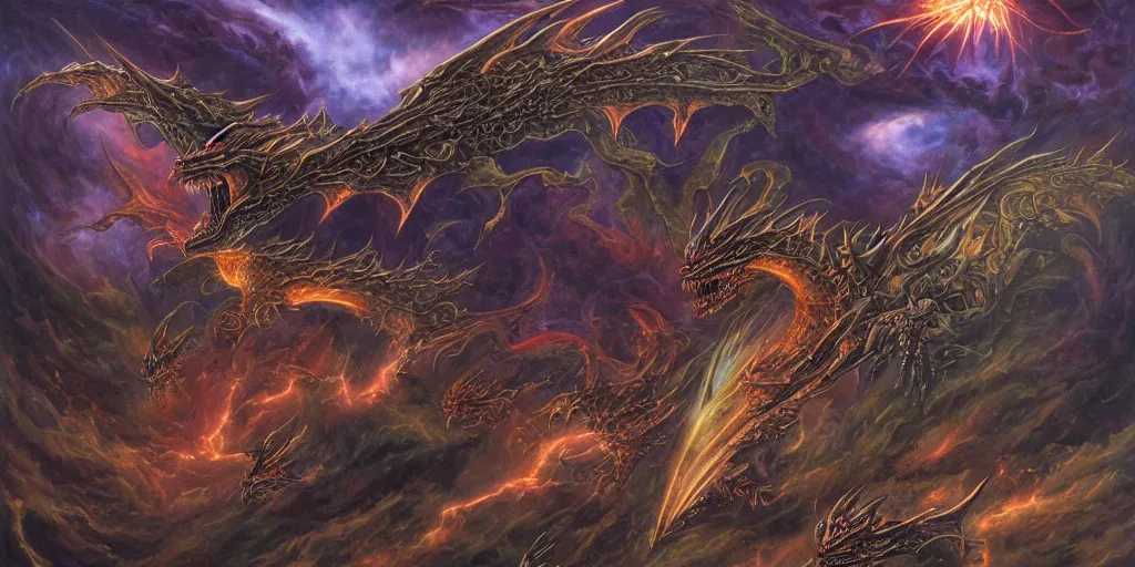 Image similar to evil cosmic demon alien dragon demigods flying through outer space consuming earth, dan seagrave art