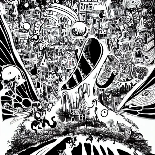 Image similar to black and white trippy comic art of global tourism, drawn by Martin Rowson, Tim Burton, Studio Ghibli, Alex Pardee, Nekro Petros Afshar, James McDermott, cgsociety 4K