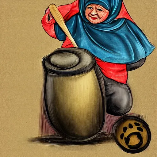 Prompt: a babushka playing drums, the drums look like bowls of oatmeal, digital art