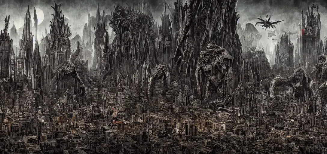 Image similar to Mega City with Monsters flying around it, gothic art, color, eerie, horror, scary, ominous, 8k, highly detailed
