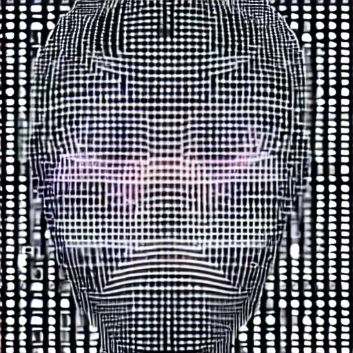 Prompt: Head drawn in binary ,future, cult, techno, glowing , cyperpunk