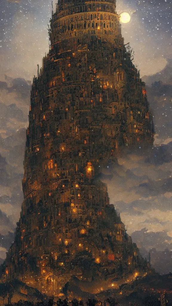 Prompt: a beautiful painting of the tower of babel, at night with a sky full of stars, intricate, elegant, highly detailed, digital painting, artstation, concept art, by krenz cushart and artem demura and alphonse mucha