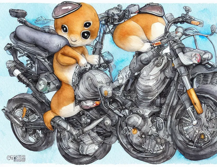 Prompt: cute and funny, a bipedal squirrel washing his motorcycle, centered award winning watercolor pen illustration, isometric illustration by chihiro iwasaki, edited by range murata, tiny details by artgerm and watercolor girl, sharply focused