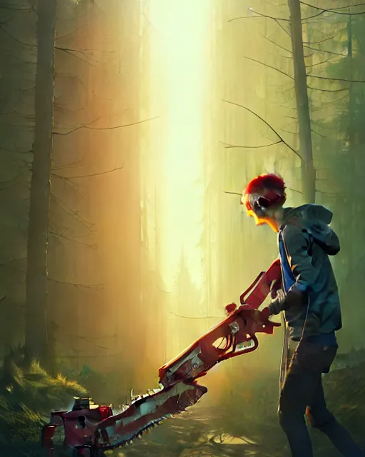 Image similar to highly detailed chainsaw man, stephen bliss, unreal engine, greg rutkowski, loish, rhads, beeple, makoto shinkai and lois van baarle, ilya kuvshinov, rossdraws, tom bagshaw, alphonse mucha, global illumination, god rays, detailed and intricate environment