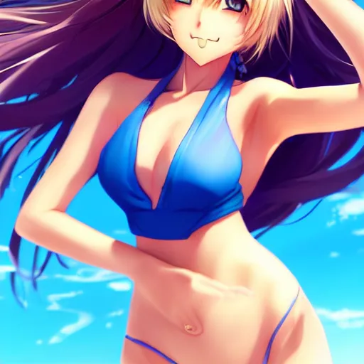 Image similar to a very beautiful anime cute girl, full body, long wavy blond hair, sky blue eyes, full round face, short smile,golden bikini, miniskirt, front view, medium shot, mid-shot, highly detailed, cinematic wallpaper by Stanley Artgerm Lau