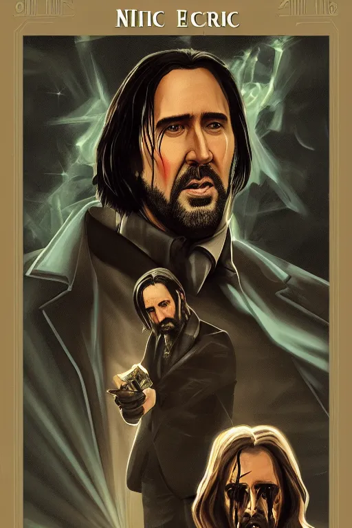 Prompt: a dramatic ethereal epic painting of nicolas cage as john wick | tarot card, art deco, art nouveau, realistic | detailed face, cinematic lighting | by Dresden Codak, by Mark Maggiori and Alphonse Mucha | trending on artstation